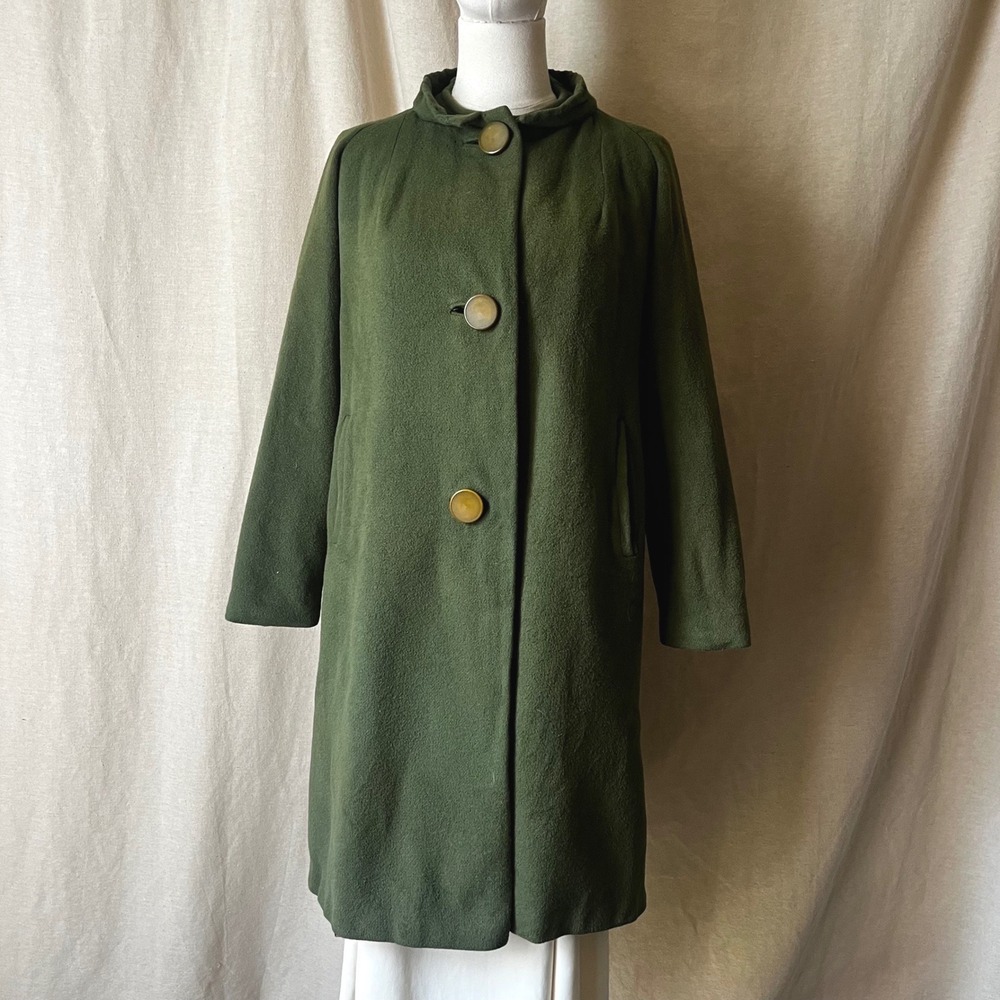 Vintage 100% Cashmere Olive Green Swing Coat Mod Cocoon Collar Small